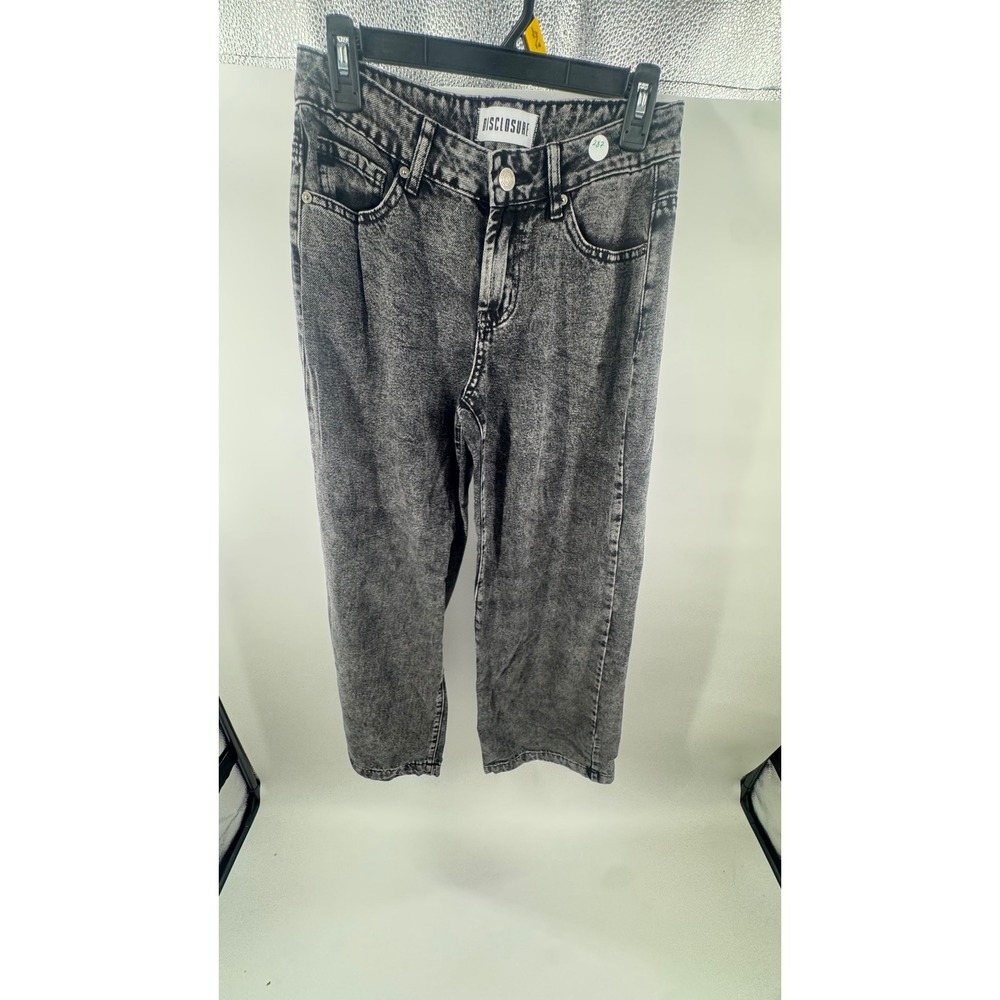 Disclosure Acid Wash Grey Jeans Pink Bow Graphic High Waist Straight Leg Denim